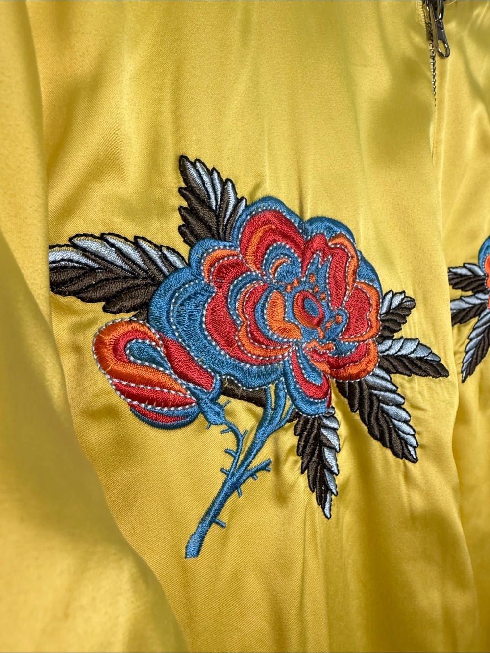 Forever 21 Yellow Satin Embroidered Bomber Jacket Size Medium - Picture 5 of 11